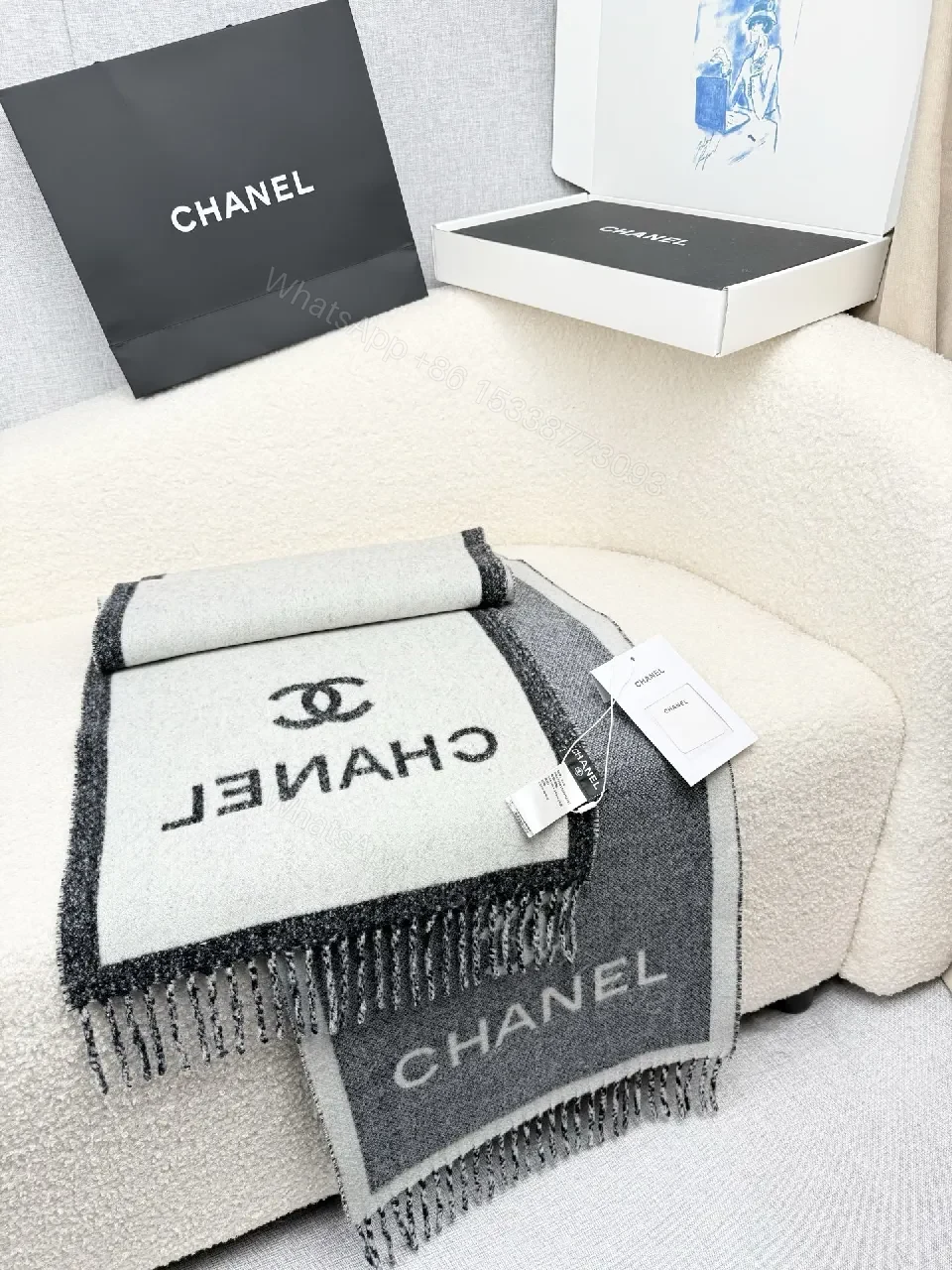 View 4 of Neutral Knit Throw: Luxe, Chanel-Inspired Comfort, Fringed Edge