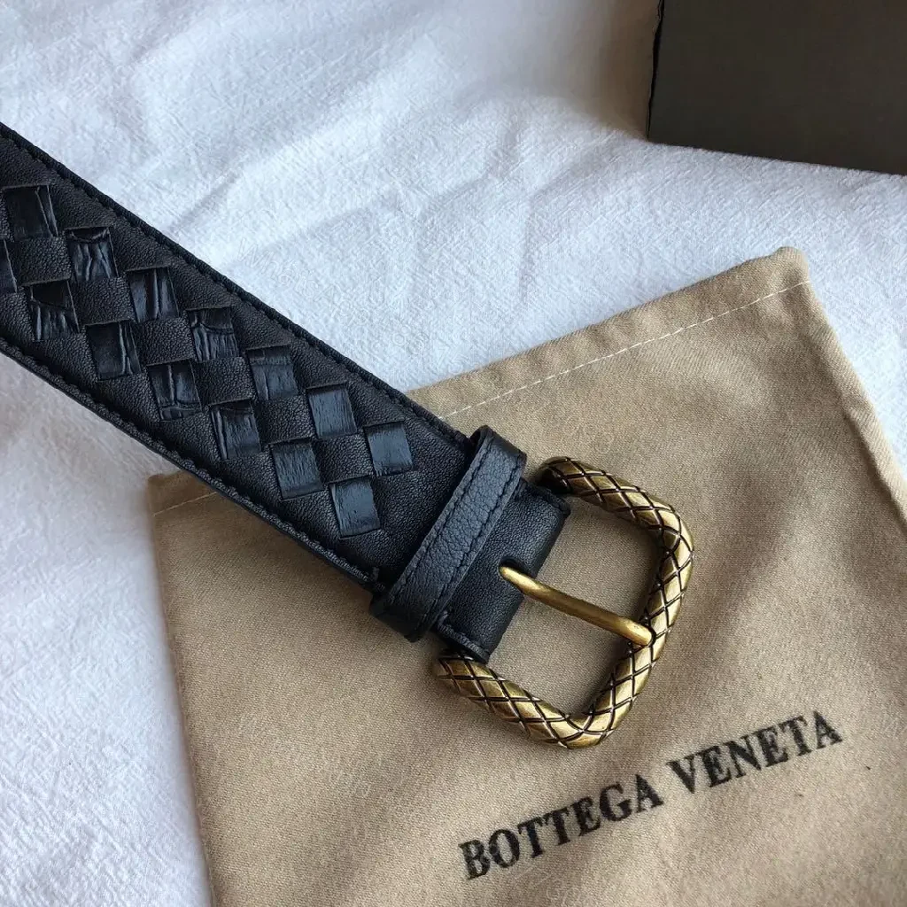 View 4 of Intrecciato Leather Belt with Brass Buckle — Luxury Everyday