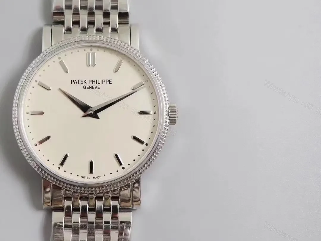 View 4 of Patek Philippe Calatrava 5120G White Dial with Roman Numerals and Baton Hands Ultra Thin Italian Leather Strap Cal.240 Movement Platinum Coated Beaded Bezel