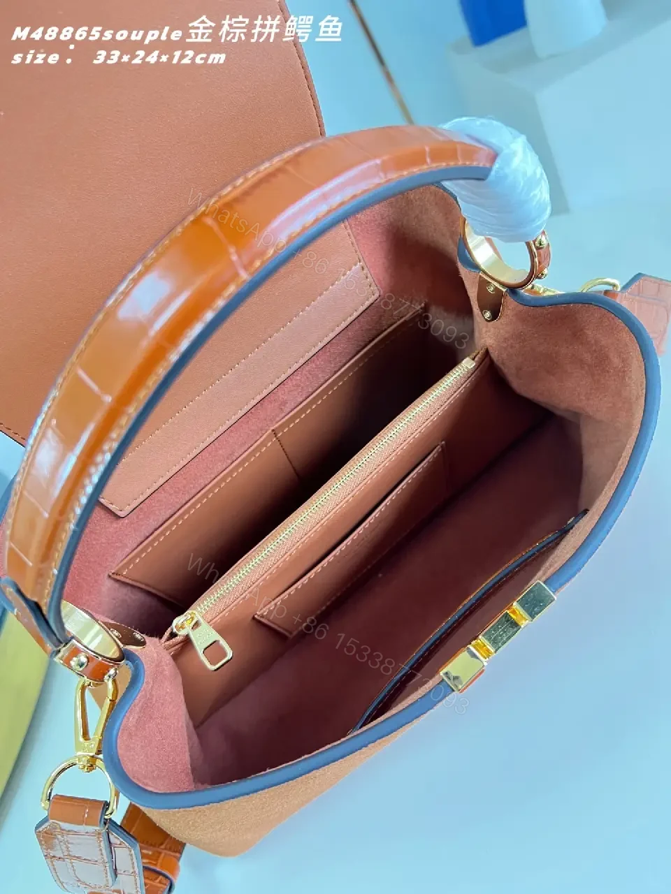 View 2 of Warm Tan Suede Shoulder Bag with Gold Hardware