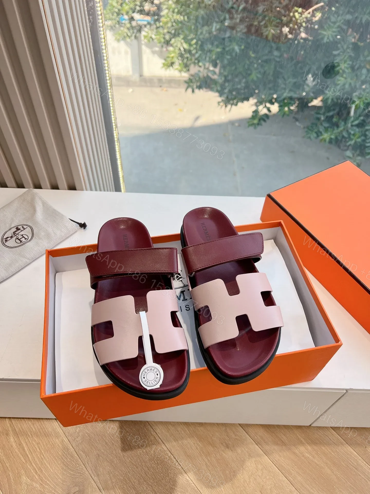 View 3 of Hermes Women Burgundy Leather Pink Accent Sandals