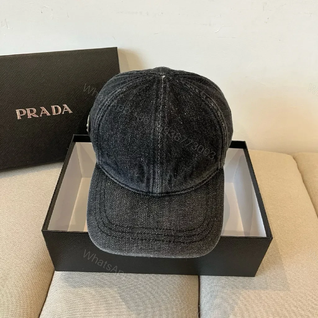 View 3 of Denim-Texture Cap with Subtle Prada Emblem, Casual Luxe Cap