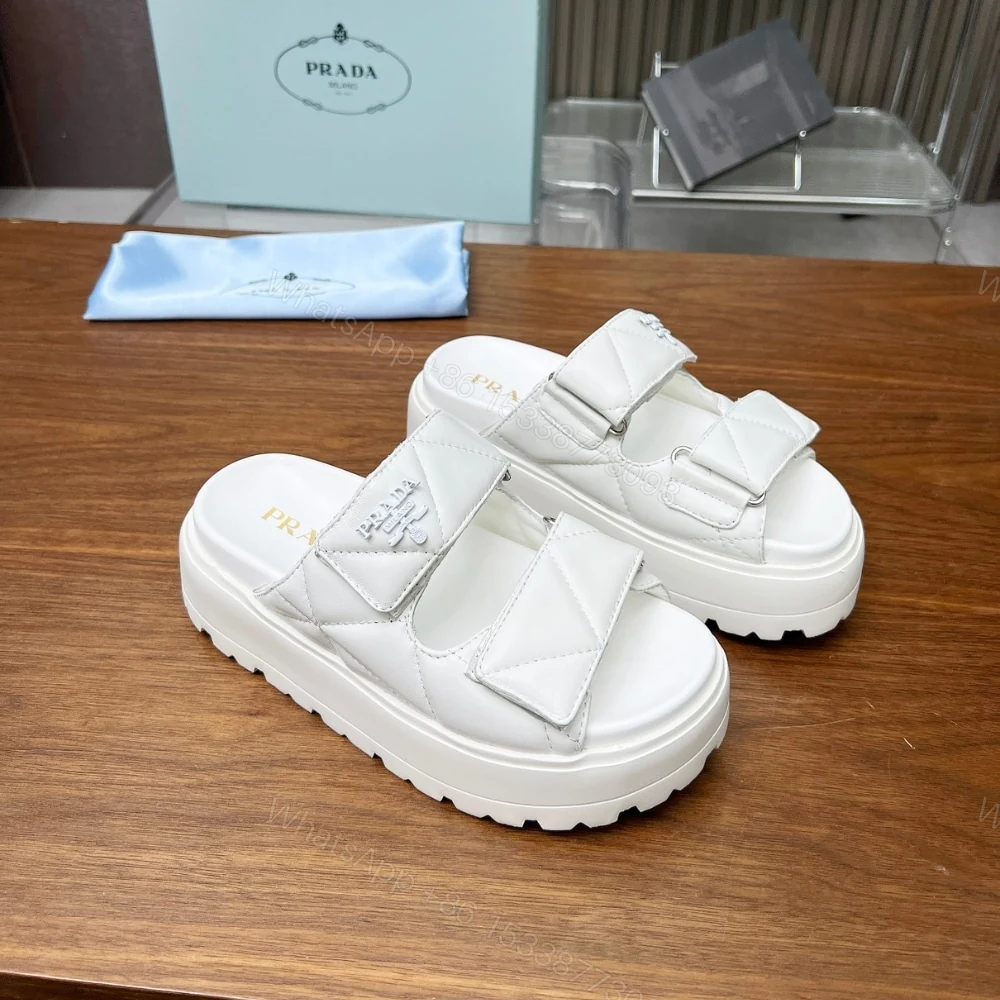 View 2 of PRADA QUILTED LEATHER PLATFORM SANDALS WHITE