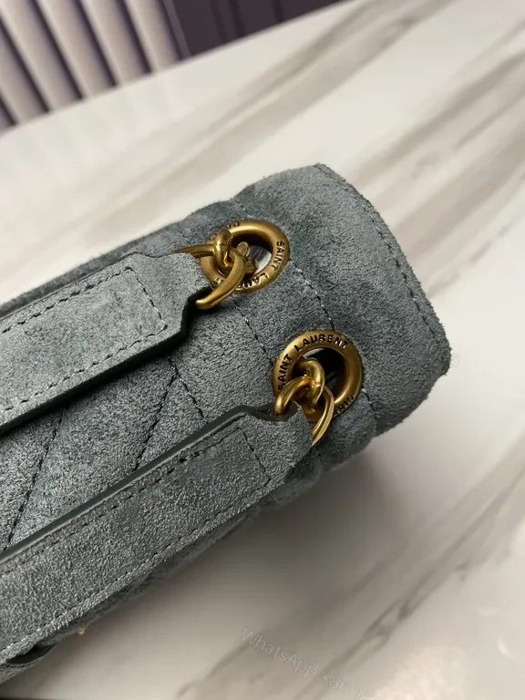 View 7 of Chevron-Quilted Suede Shoulder Bag with Gold YSL Hardware