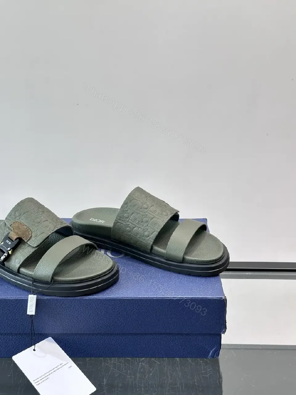 View 6 of Olive Green Embossed Leather Sliders Sandals