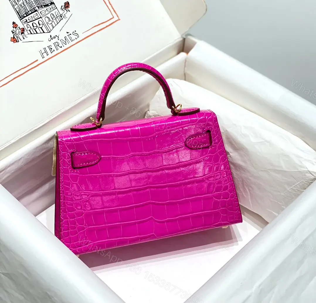 View 3 of HN MINI IN DEEP MAGENTA CROCODILE SKIN GOLD HARDWARE