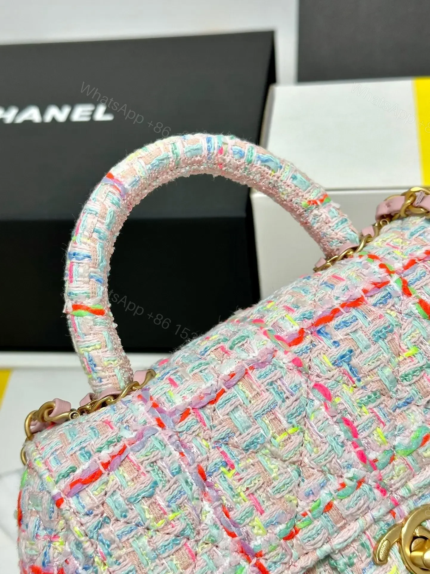 View 6 of Chanel Mini Flap Bag with Top Handle Pink Tweed Bag