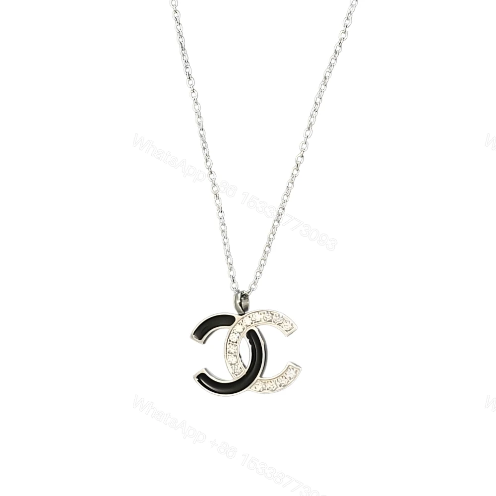 Chanel Cc Logo Pendant Necklace White Stones And Black Enamel Silver — view 1