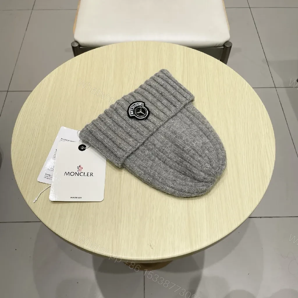 View 7 of Grey Knit Beanie - Premium Ribbed Style, Moncler Badge Feature