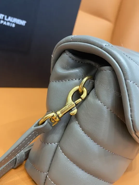 View 4 of Taupe Calfskin Crossbody: Chevron Quilted, Gold Logo, Lux Edit