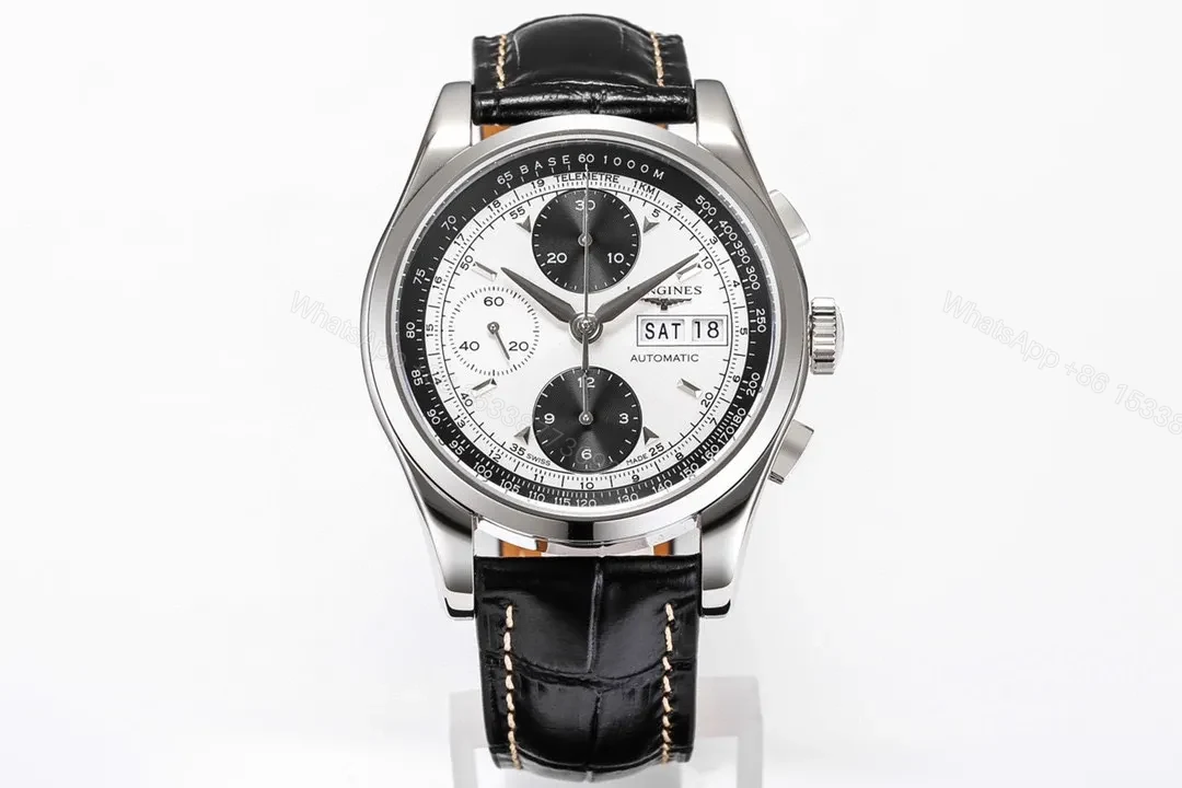 Longines Classic Re Edition Men’s Watch Black and White Dial 40mm Stainless Steel Case Black Leather Strap Automatic 7750 Movement — view 1