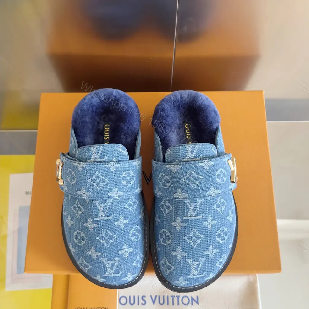 View 3 of Denim-Textured Monogram Mule: Cozy Luxe Slip-On Comfort