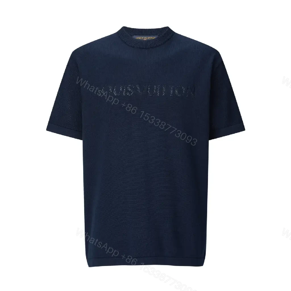 View 8 of Dark Navy Knit Crewneck Tee with Subtle LV Logo Texture