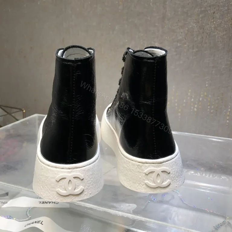 View 6 of Chanel-Inspired Black Patent High-Top Sneakers with Gold Logo