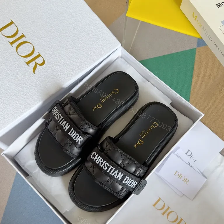 View 7 of Black Imitation Dior Slide - Quilted Straps, Comfortable Key Feature Slides