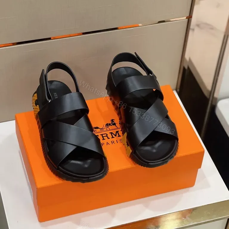 View 3 of Matte-Black Hermes-Influenced Sandals: Sculpted Comfort Platform
