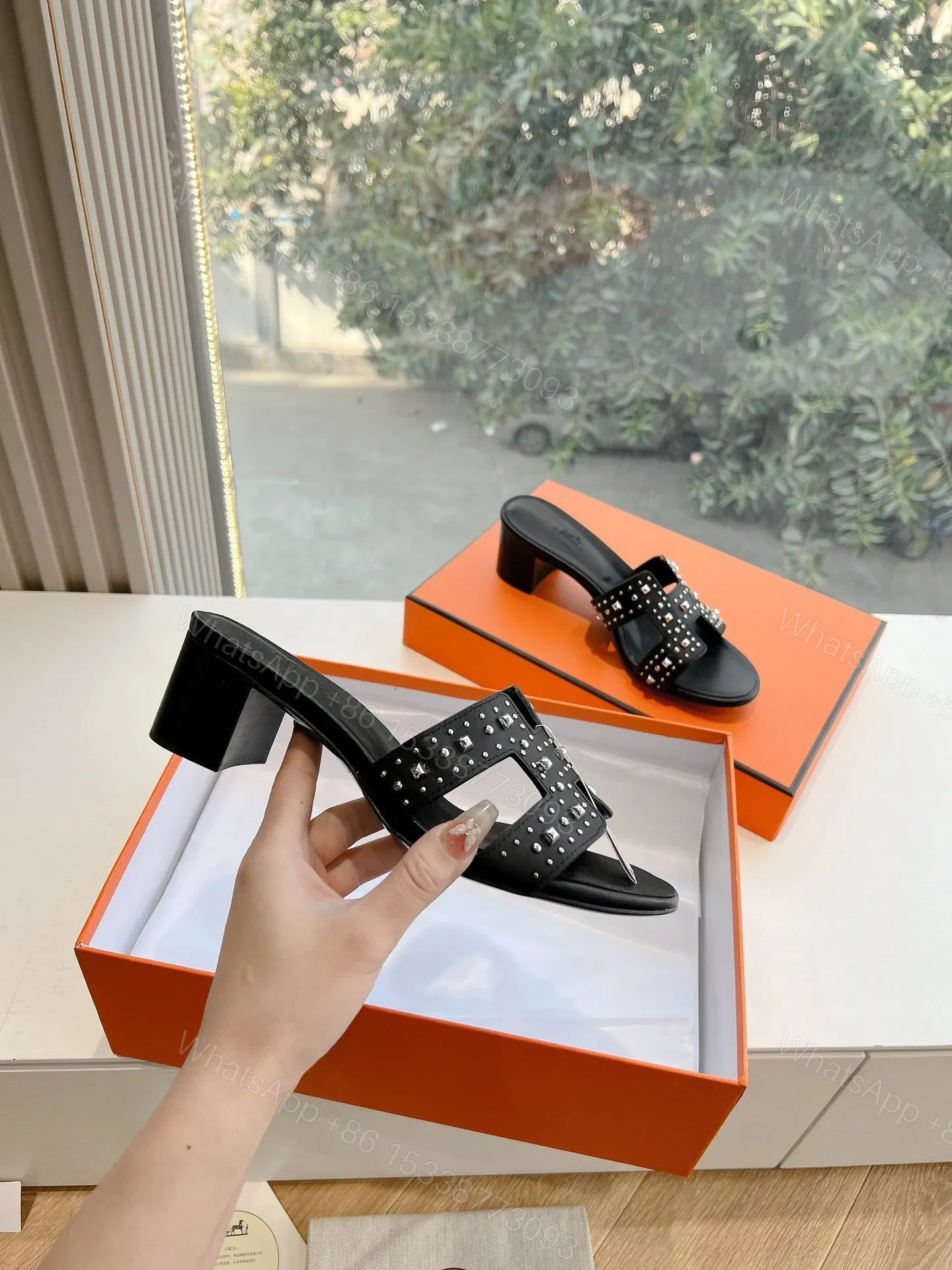 View 5 of Hermes Women Black Leather Studded Mules