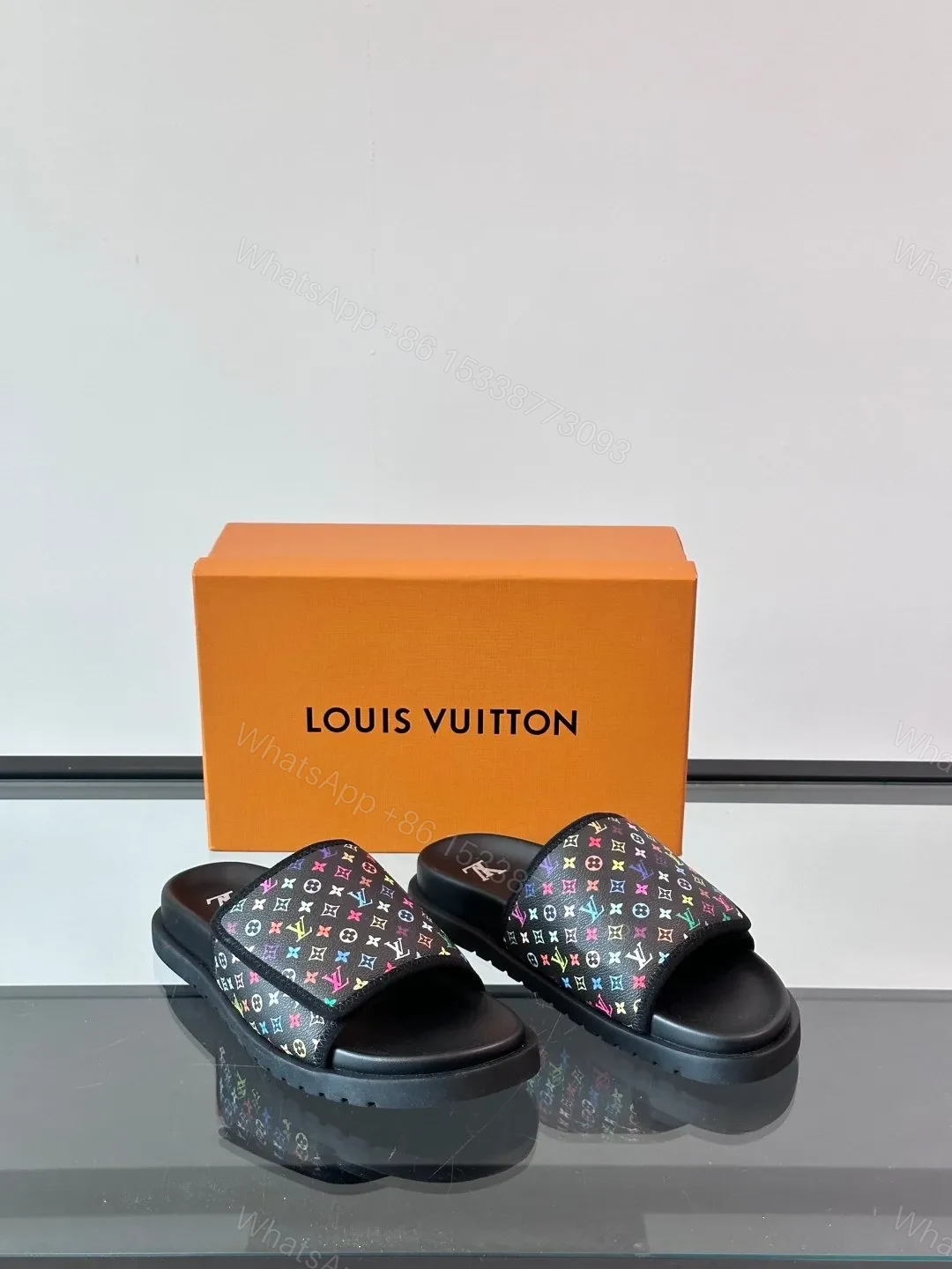 View 5 of LV Men Black Canvas Multicolor Print Slides