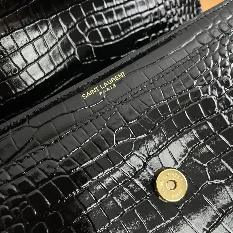 View 3 of Croc-Texture Black Leather Shoulder Bag with Gold Logo