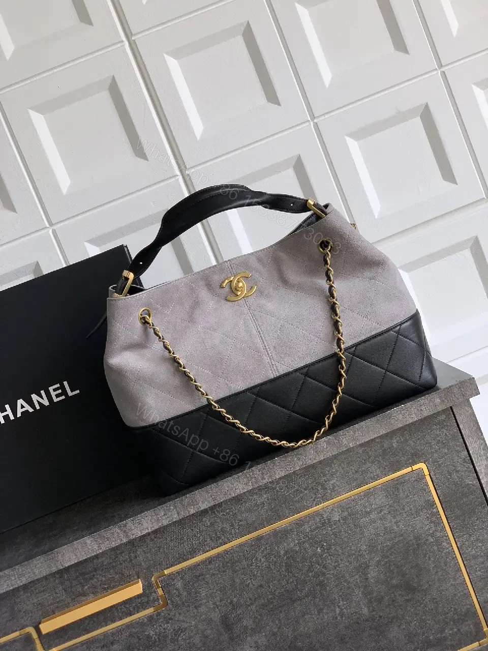 View 9 of Two-Tone Taupe/Black Quilted Tote with Gold Chain Strap