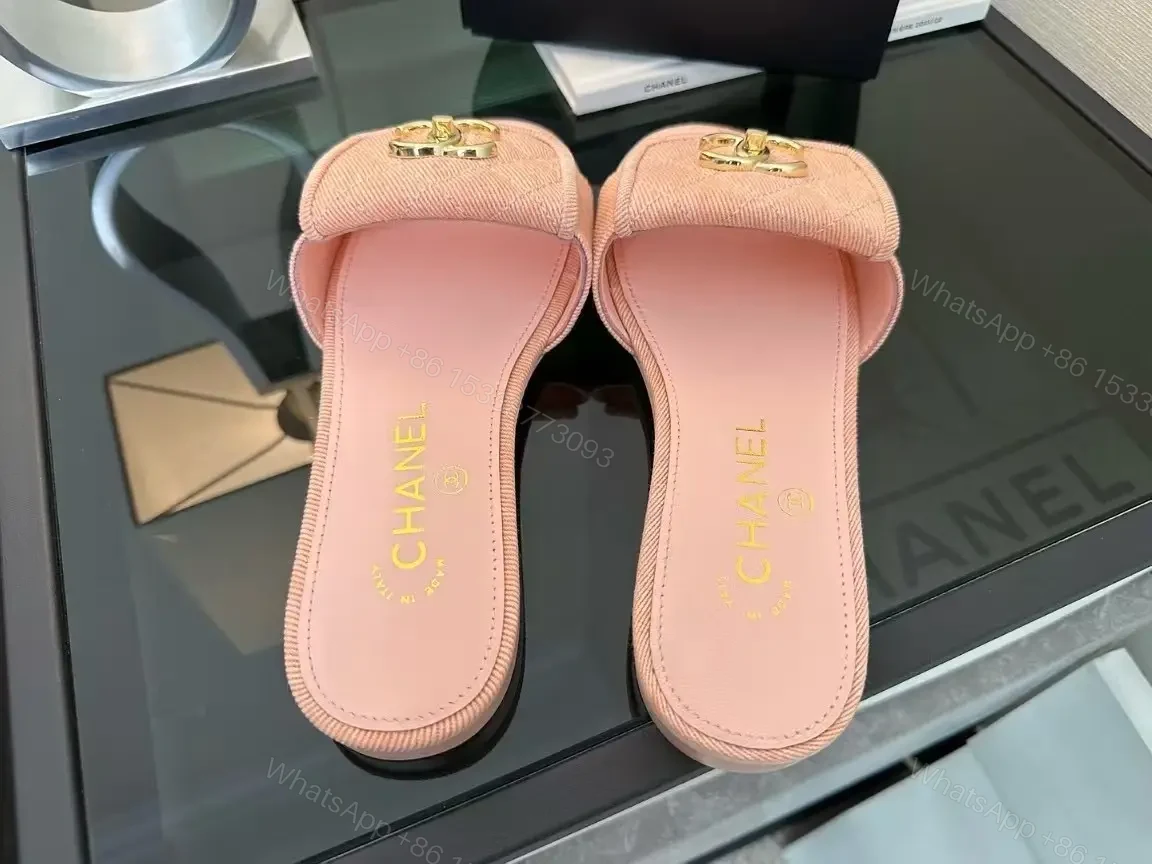 View 8 of Soft Pink Slip-On Sandals with Gold Logo – Luxury Comfort