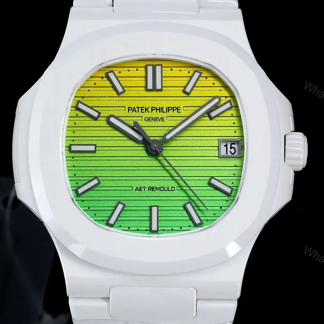 View 3 of Patek Philippe Green Yellow Nautilus Watch White Ceramic Bracelet Ultimate 40MM PP-NAU-GRN-YEL-WCER40