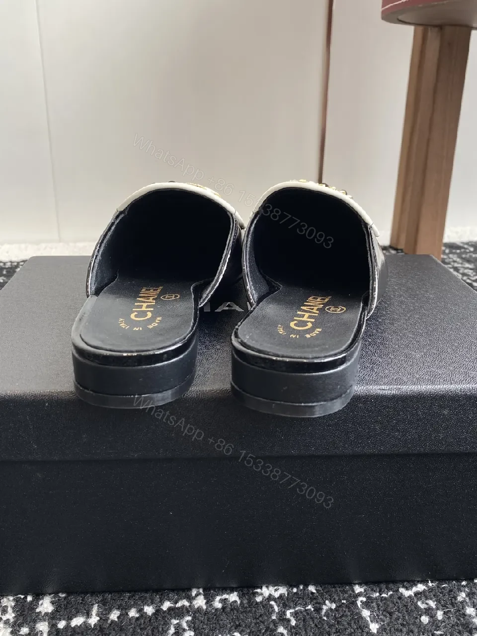 View 7 of Ivory-Black Leather Mules: Gold-C Logo Slip-Ons