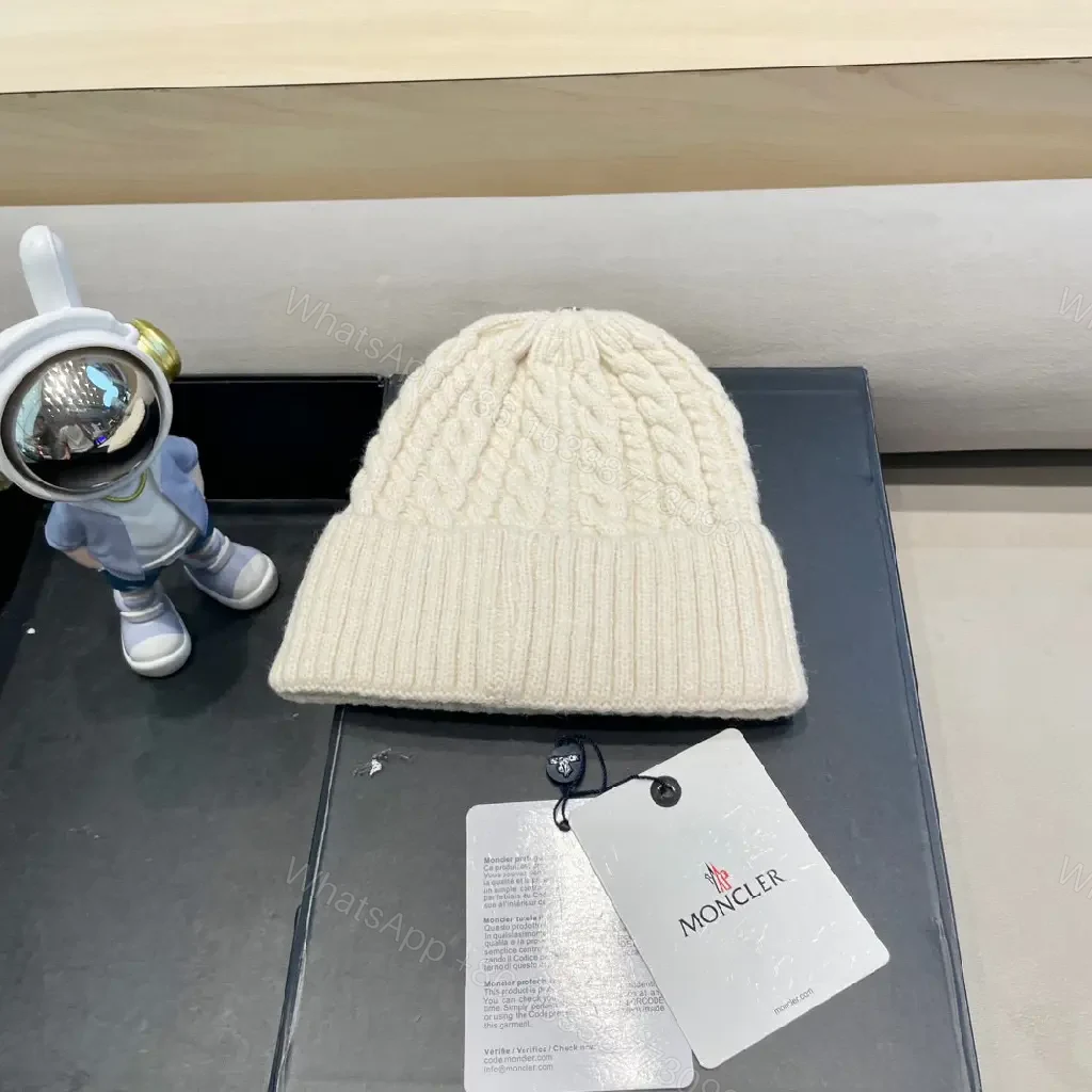 View 5 of Cream Knit Beanie | Wool Blend | Cable Knit | Moncler Emblem Gifted Luxury