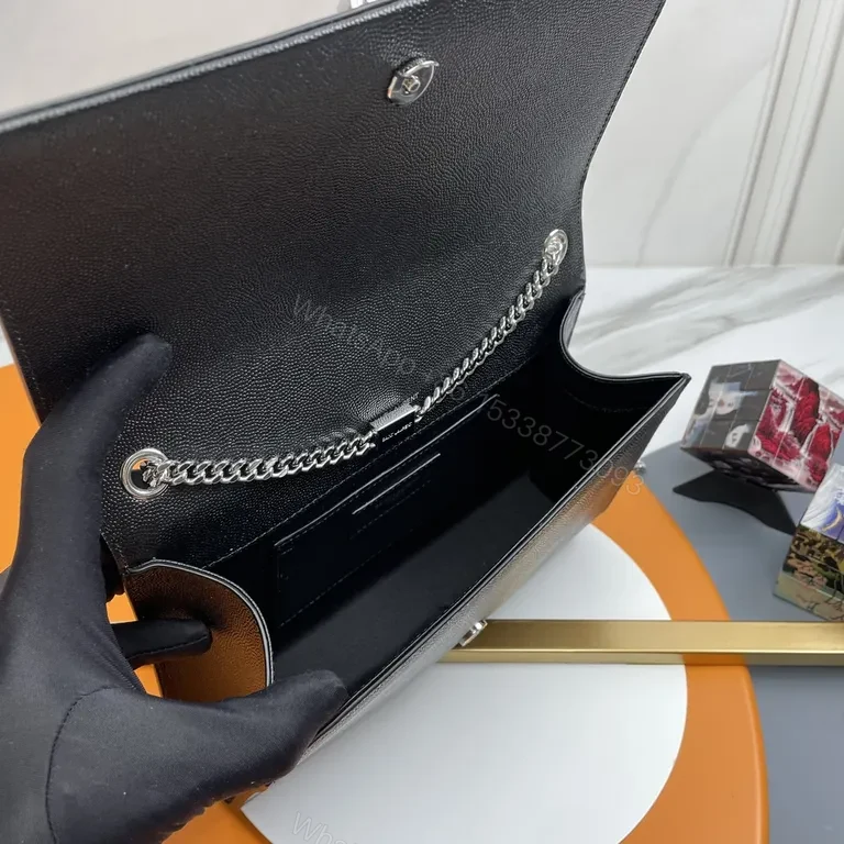 View 3 of Chic Black Leather Clutch: Silver YSL-Inspired Emblem, Chain