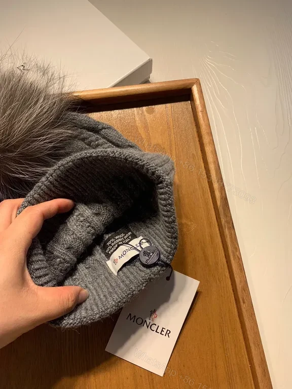 View 9 of Cozy Wool-Blend Beanie with Fur Pom â€” Moncler Style Warmth