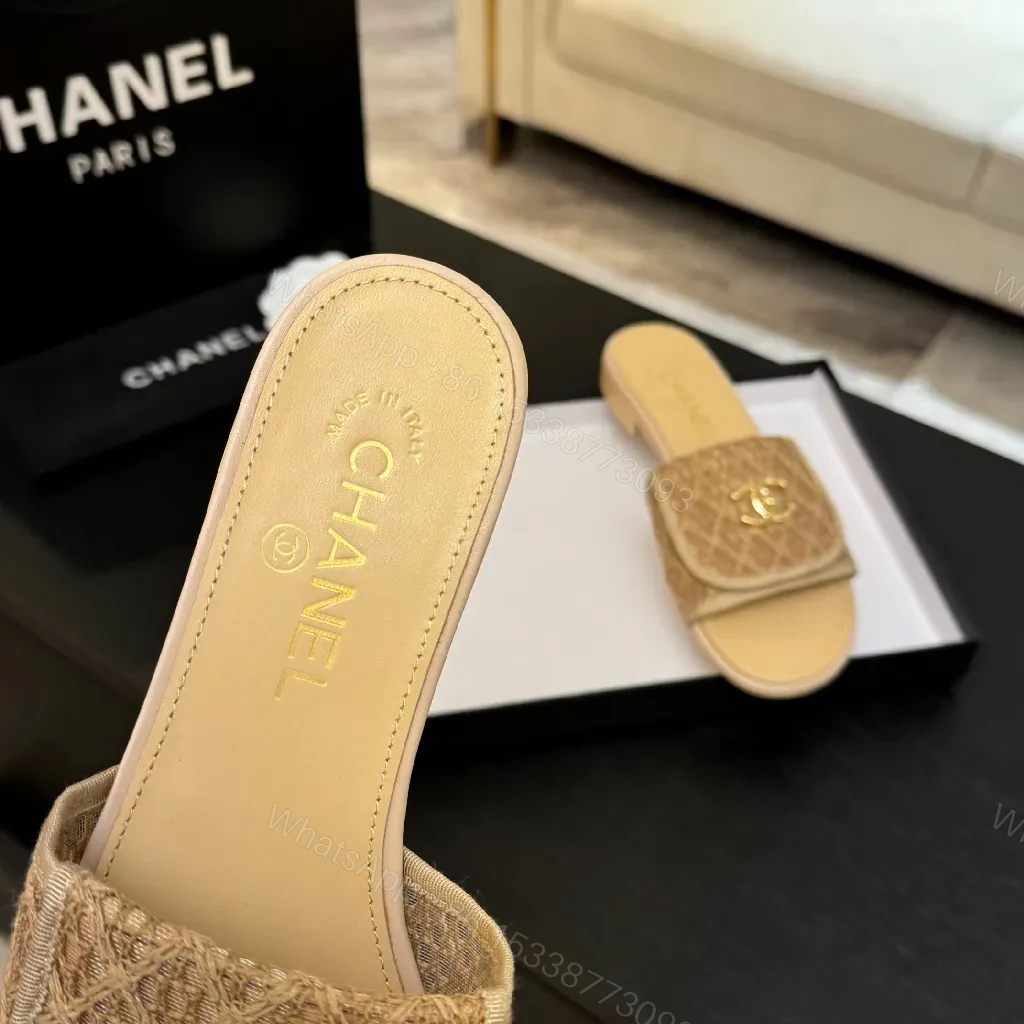 View 4 of Beige Textured Slides with Gold Logo Luxury Comfort