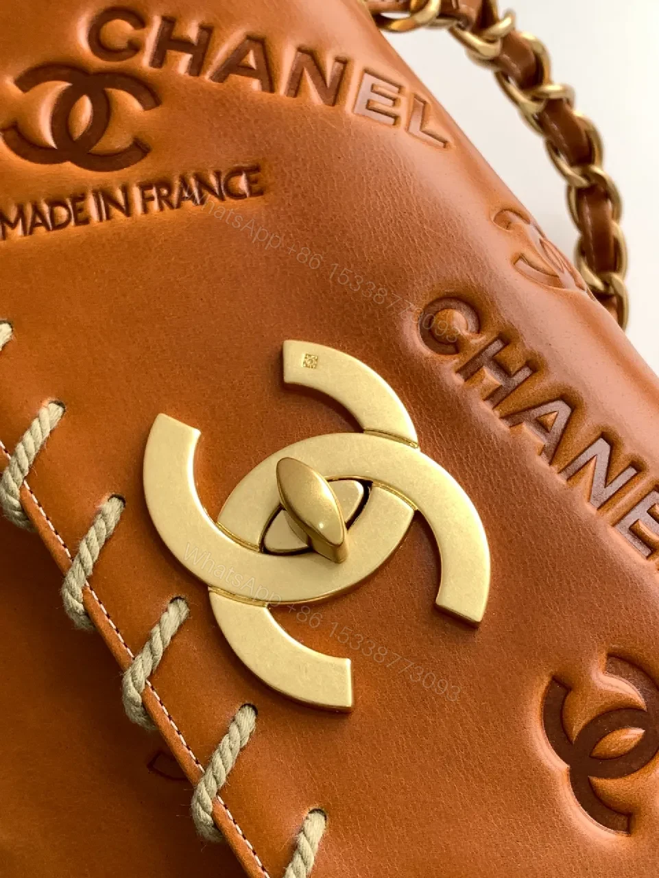 View 6 of Tan Leather Monogram Crossbody with Gold Hardware, Chic Compact Style