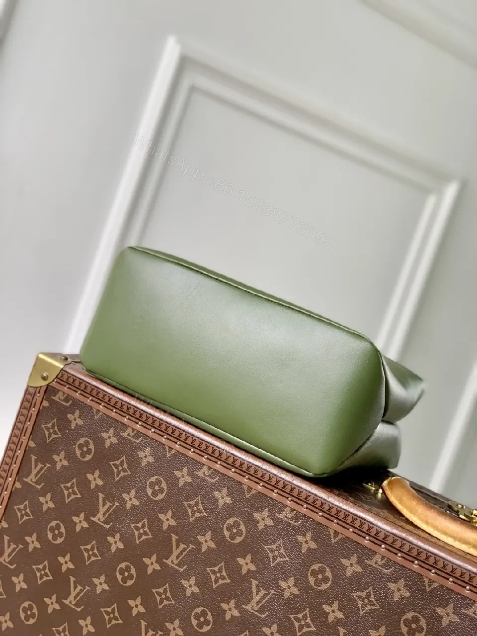 View 2 of Green Leather Tote with Bold Branding, Coordinated Straps