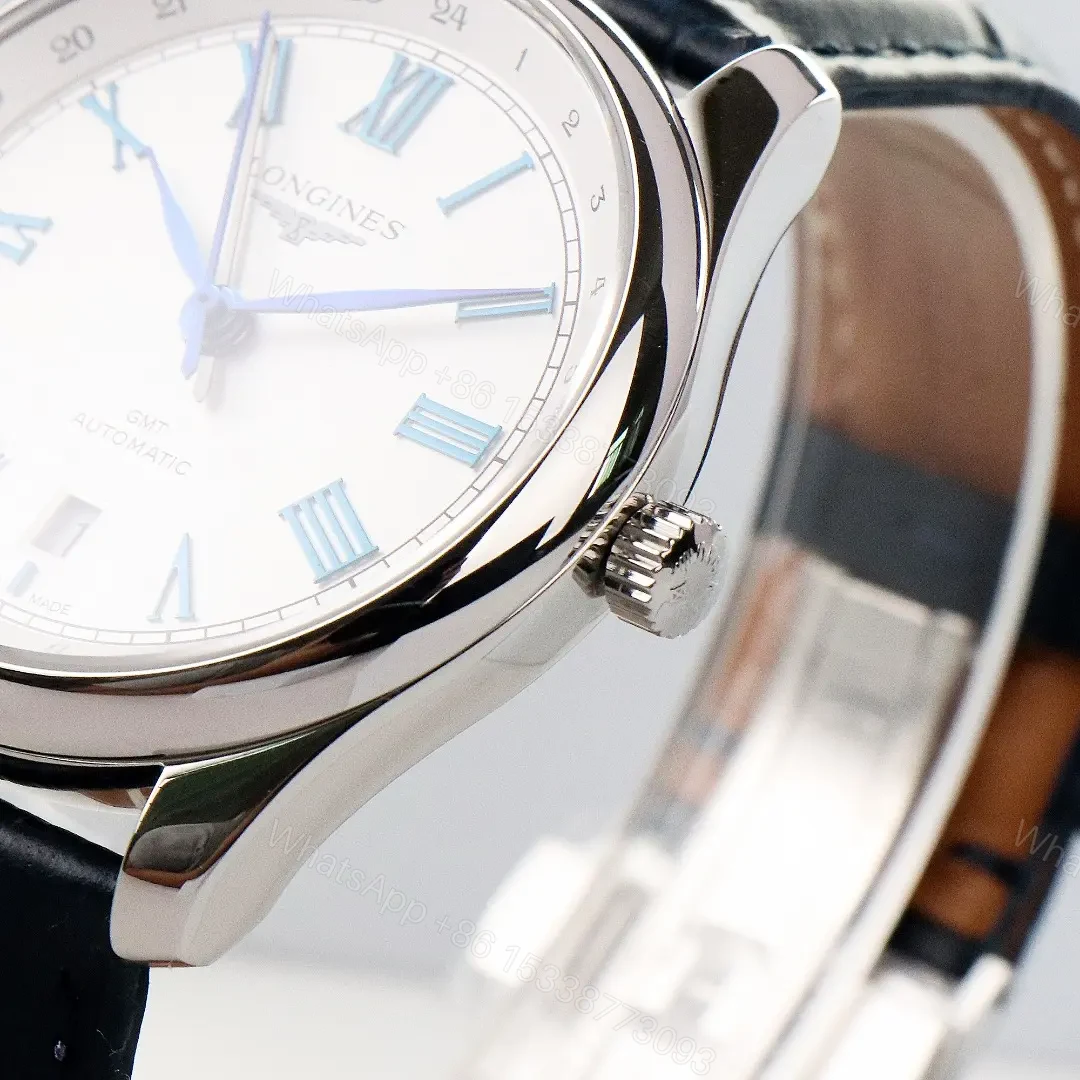 View 7 of Longines Master Collection GMT Watch White Dial with Blue Hands 40mm Stainless Steel Case Italian Grey Leather Strap