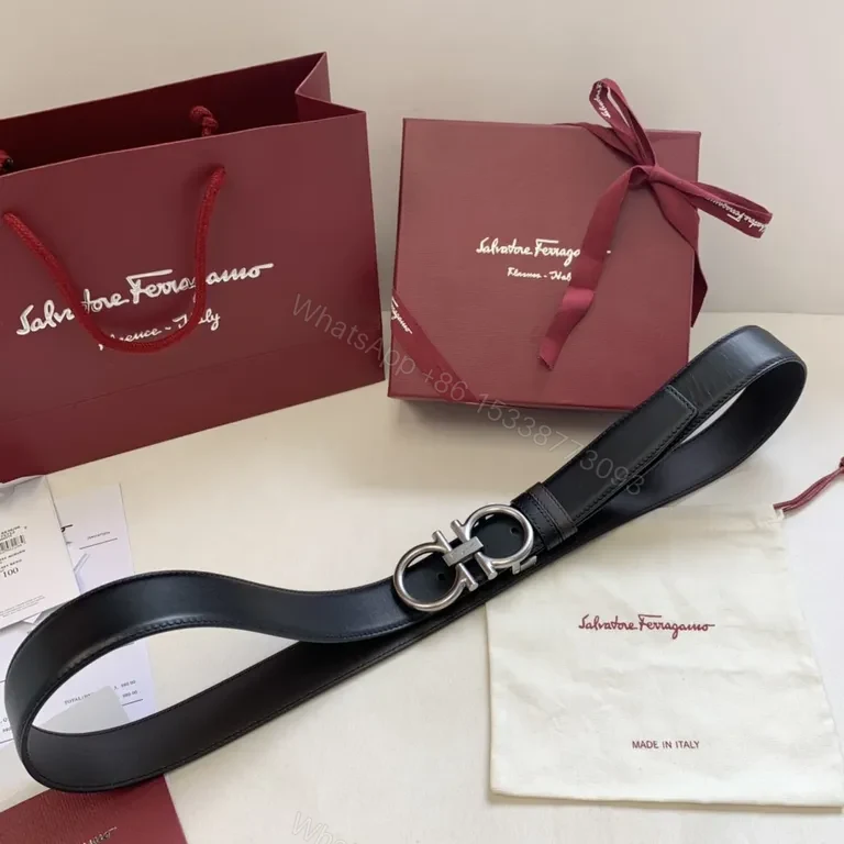 View 2 of Black Calfskin Leather Belt â€” Ferragamo Double Gancini, 3.5cm, Luxury Style