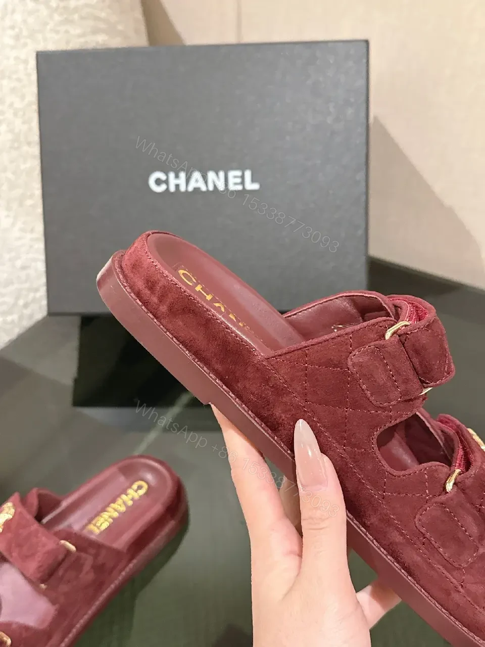 View 6 of Velvet Burgundy Slide Sandals – Luxe Comfort, Gold Hardware