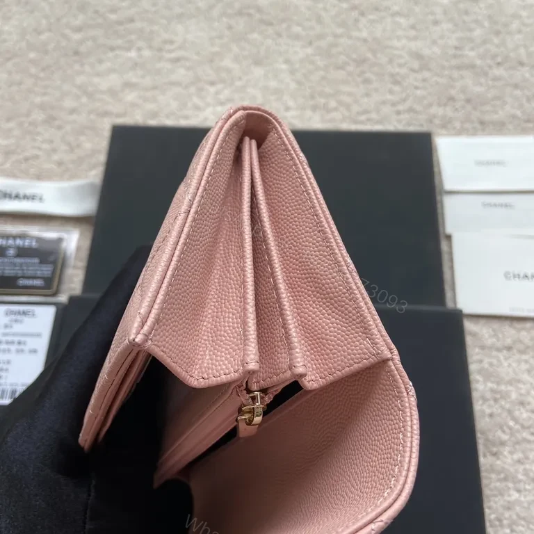 View 4 of Soft Pink Quilted Wallet with Gold Chanel Logo