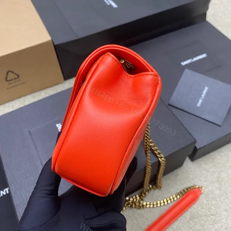 View 8 of Compact Red Leather Shoulder Bag with YSL Gold Monogram