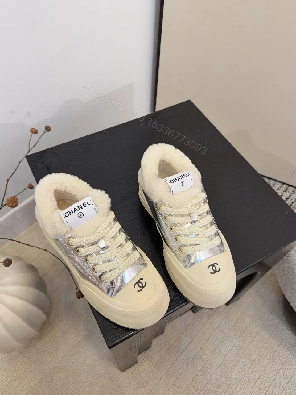 Metallic Leather High-Top + Shearling + Luxury Streetwear + Cozy Warmth + Sneakers — view 1
