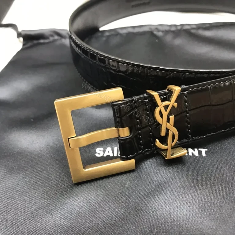 View 3 of Chic Crocodile-Textured Belt with YSL Buckle - Luxury Leather Belt