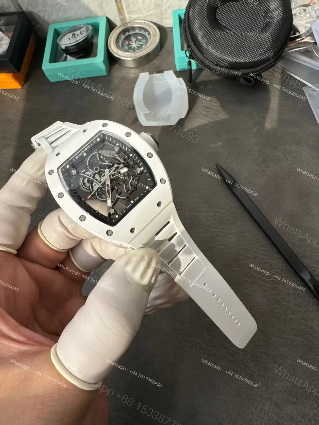 View 9 of Richard Mille RM 055 White Ceramic Skeleton Vaucher Free-Sprung Movement White Rubber Strap Custom Super Clone