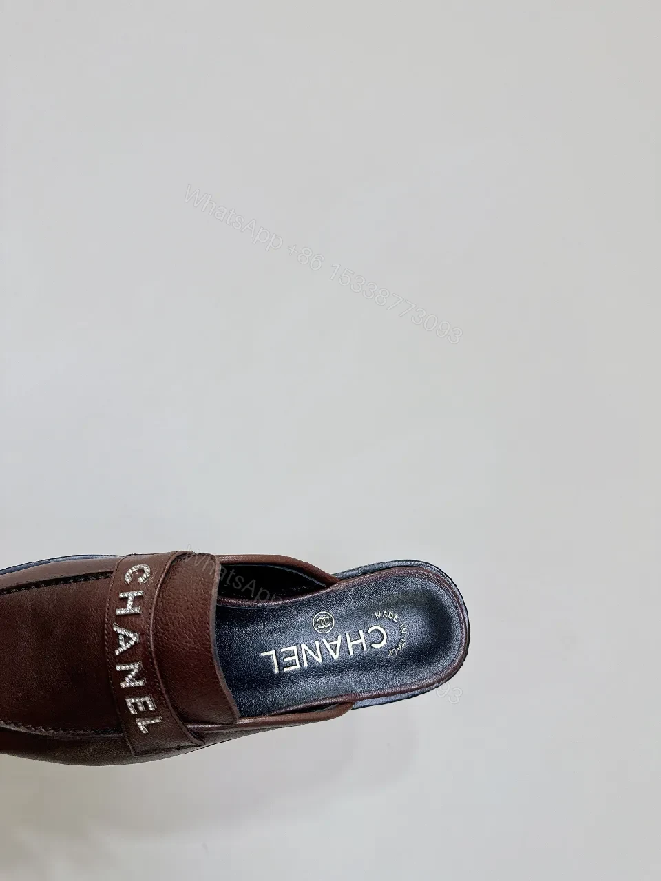 View 9 of Brown Leather Mules + CHANEL Strap + Minimalist Couture + Memory-Foam Comfort + Mules