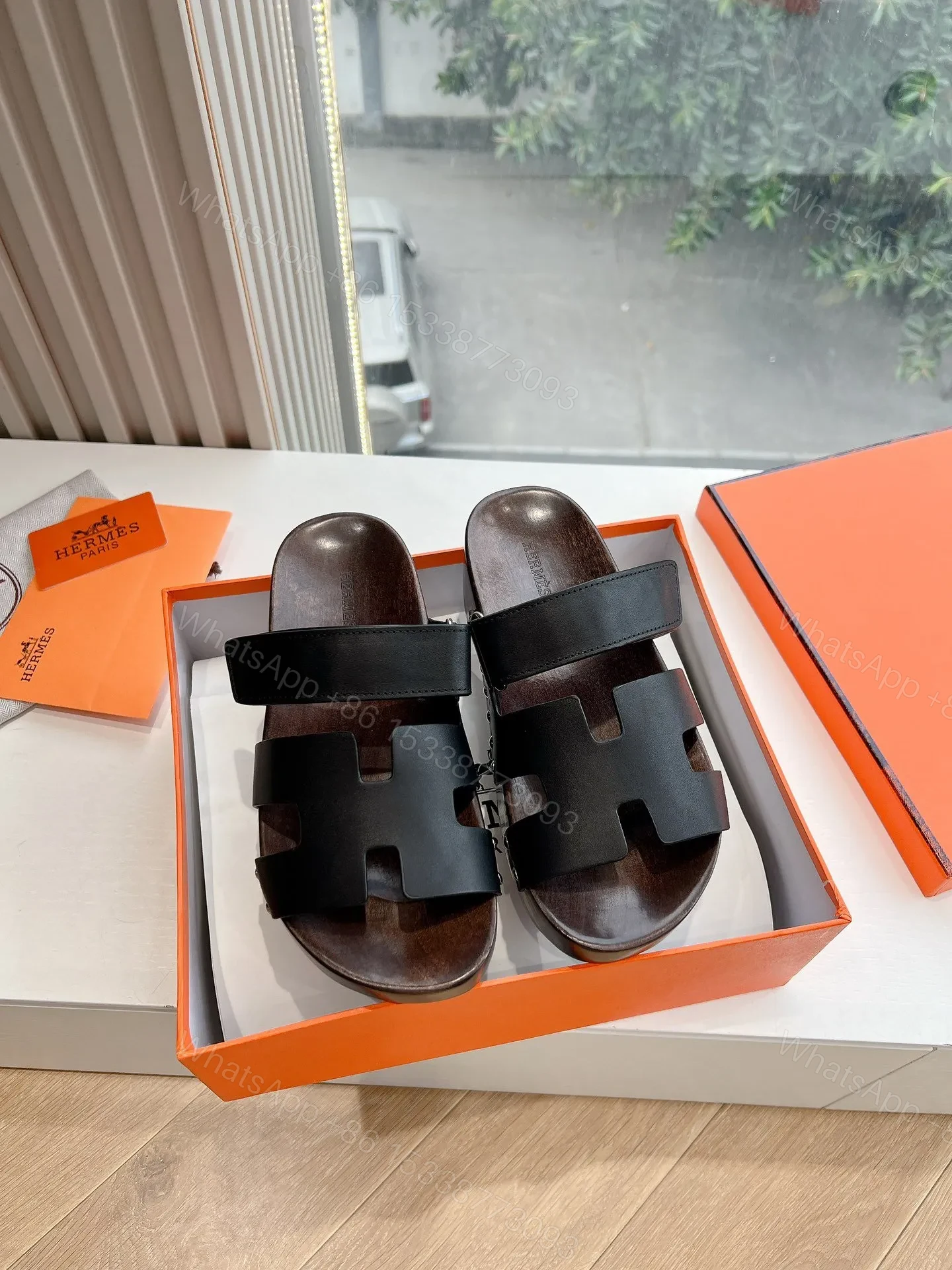 View 3 of Hermes Women Black Leather Strap Sandals