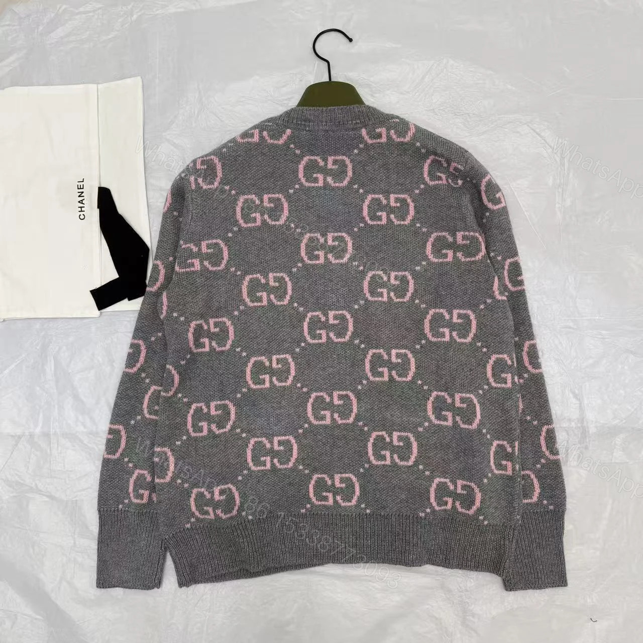 View 3 of Gucci Gg Monogram Knit Cardigan In Grey With Pink