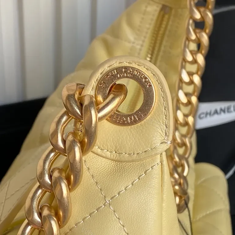 View 9 of Chic Quilted Weekender Bag in Soft Yellow with Gold Chain Handles