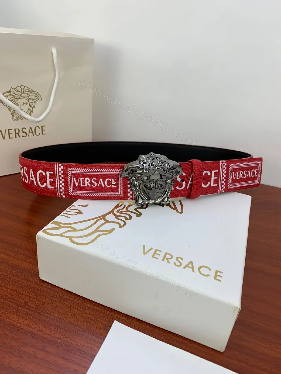 View 8 of Bold Red Belt with Medusa Buckle — Street-Ready Luxury