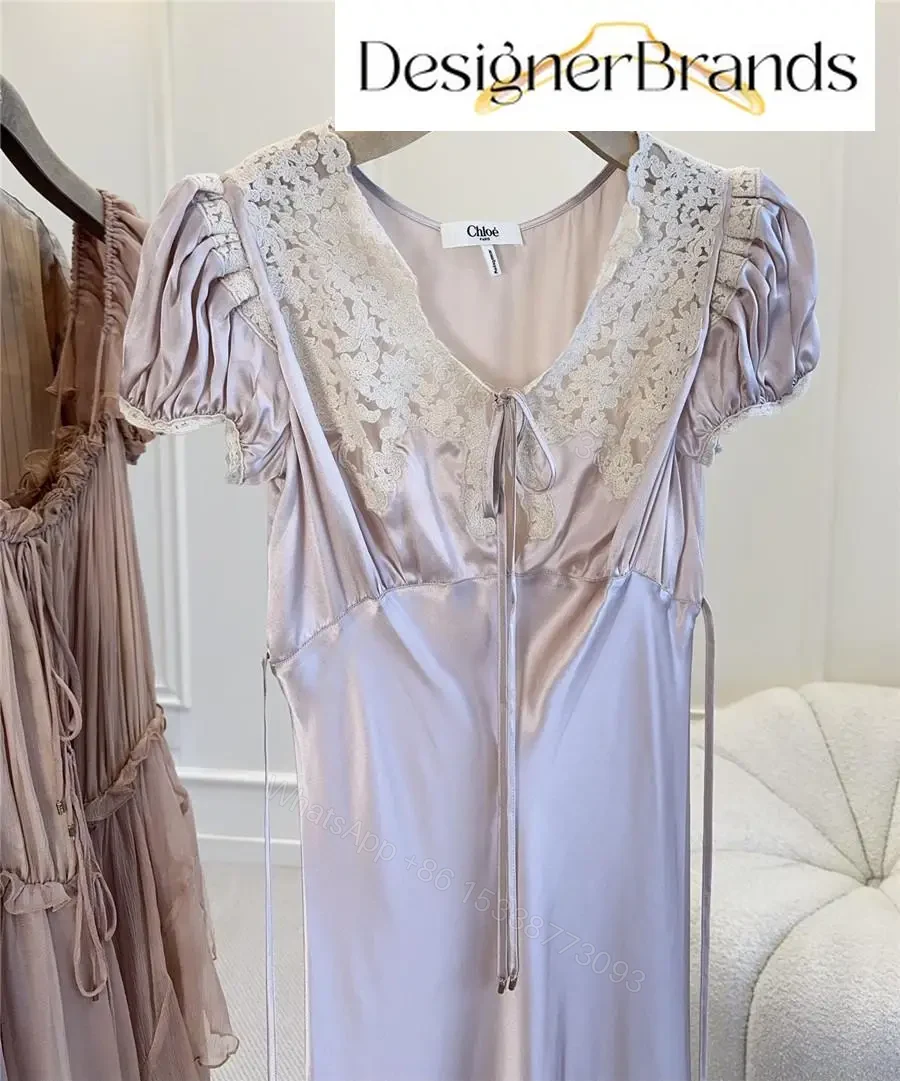 View 4 of Chloe Pale Pink Silk Satin Maxi Dress with Lace Trim