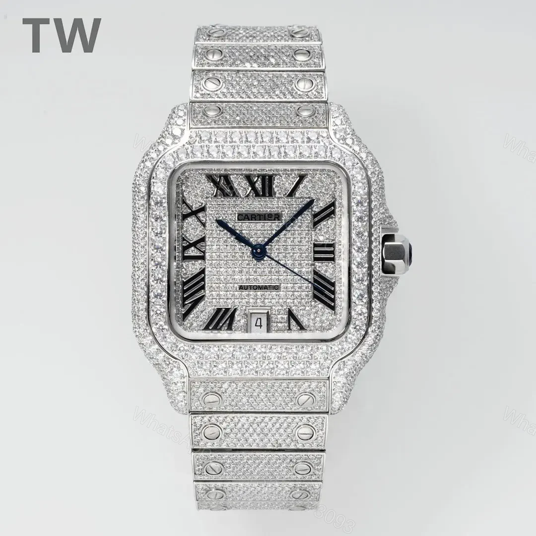 TW Factory Cartier Santos Large Diamond Bezel Full Diamond Set Watch – Silver with Blue Hands, Automatic Movement, 40mm Stainless Steel Case, Sapphire Crystal, QuickSwitch Strap System — view 1