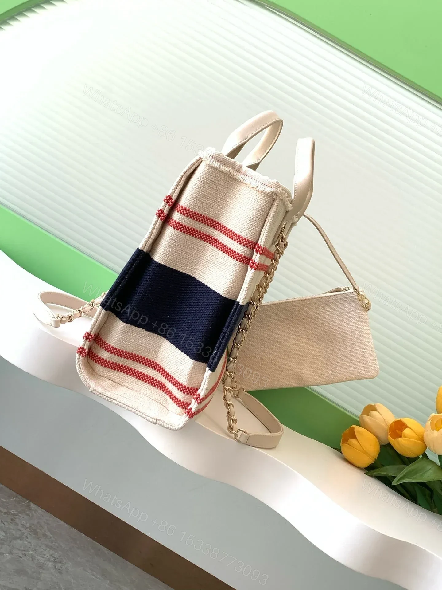 View 3 of CHANEL SHOPPING BAG 34 IN WHITE RED AND NAVY BLUE CANVAS