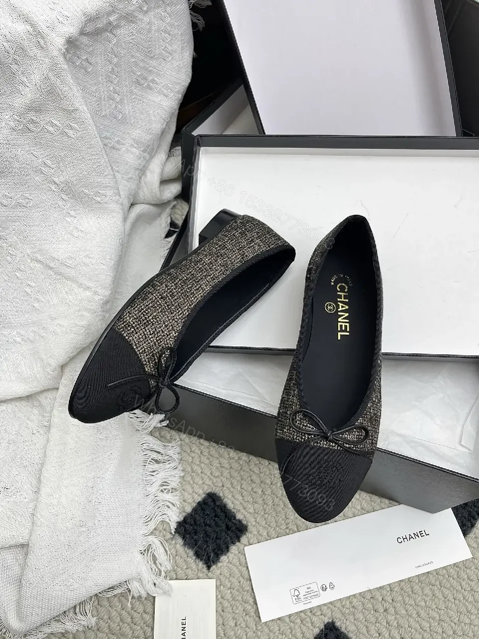 Tweed-Textured Flats with Black Cap Toe - Ballet Style, Bowed Details — view 1